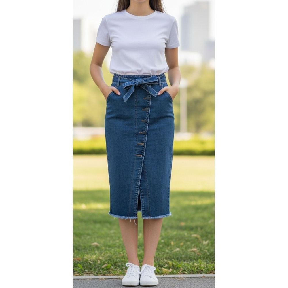 Eva Mendes New York & Company Blue Denim Midi Skirt XS‎ Button Front Tie Waist
